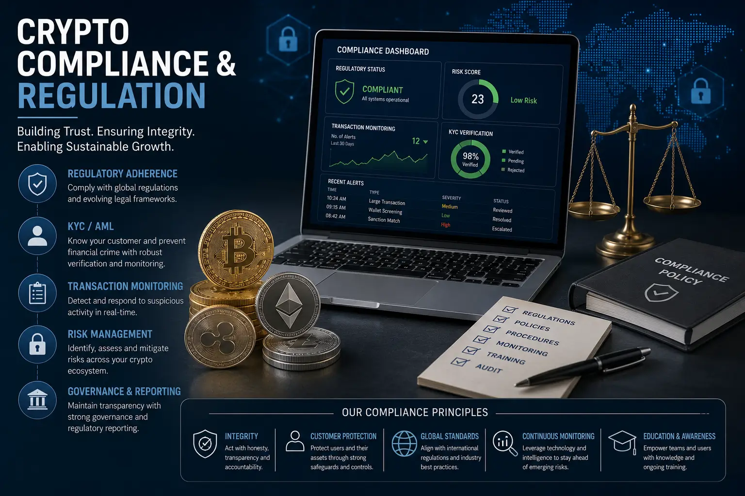 Professional Crypto Compliance & Regulation course image with blockchain and legal visuals