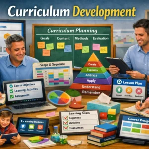 Educational banner showing Curriculum Development with educators planning lessons and digital learning tools