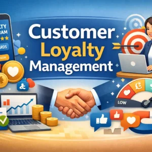 Customer Loyalty Management course image with loyalty program, rewards, and customer service visuals