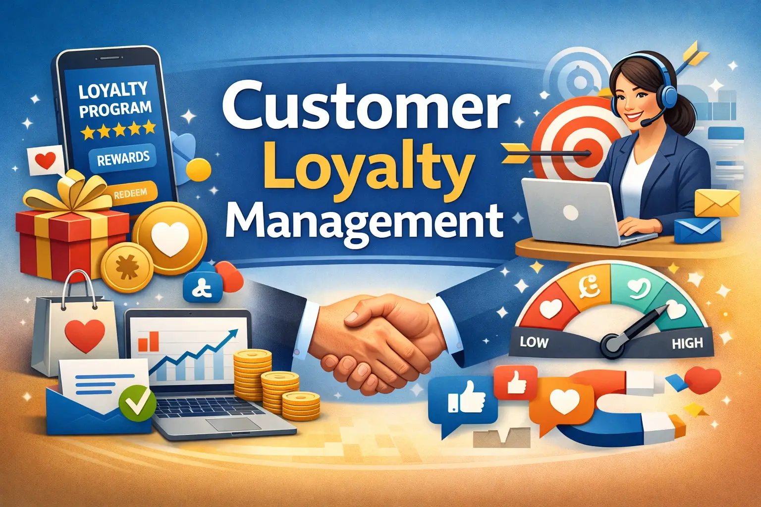 Customer Loyalty Management course image with loyalty program, rewards, and customer service visuals