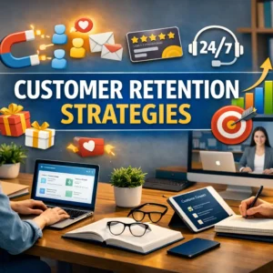 Modern educational course image for Customer Retention Strategies showing digital learning and loyalty concepts