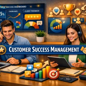 Educational banner for Customer Success Management showing professionals analyzing customer success dashboards
