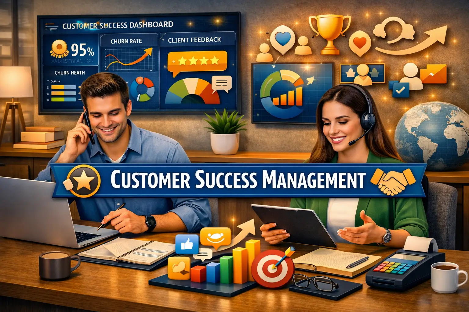 Educational banner for Customer Success Management showing professionals analyzing customer success dashboards