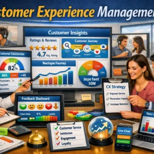 Educational banner showing Customer Experience Management with professionals analyzing feedback and service dashboards