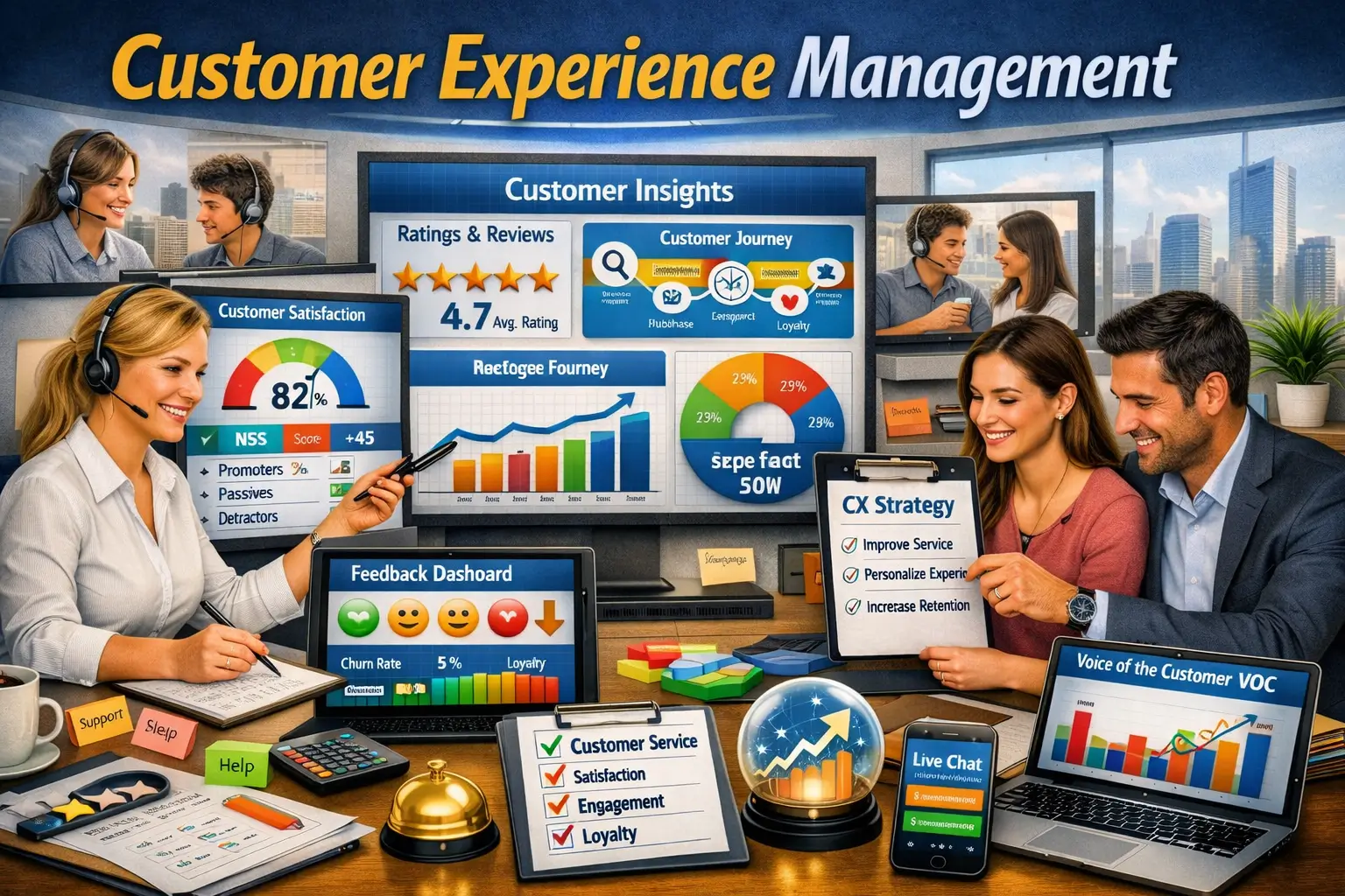 Educational banner showing Customer Experience Management with professionals analyzing feedback and service dashboards