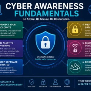 Professional cyber awareness fundamentals course design with security visuals