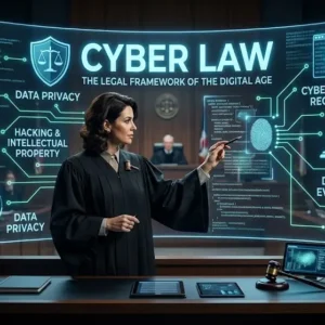 Educational banner for Cyber Law course with digital justice visuals