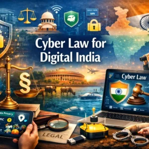 Cyber Law for Digital India course image with digital justice and cybersecurity visuals