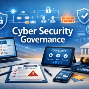 Educational banner for Cyber Security Governance course with compliance visuals
