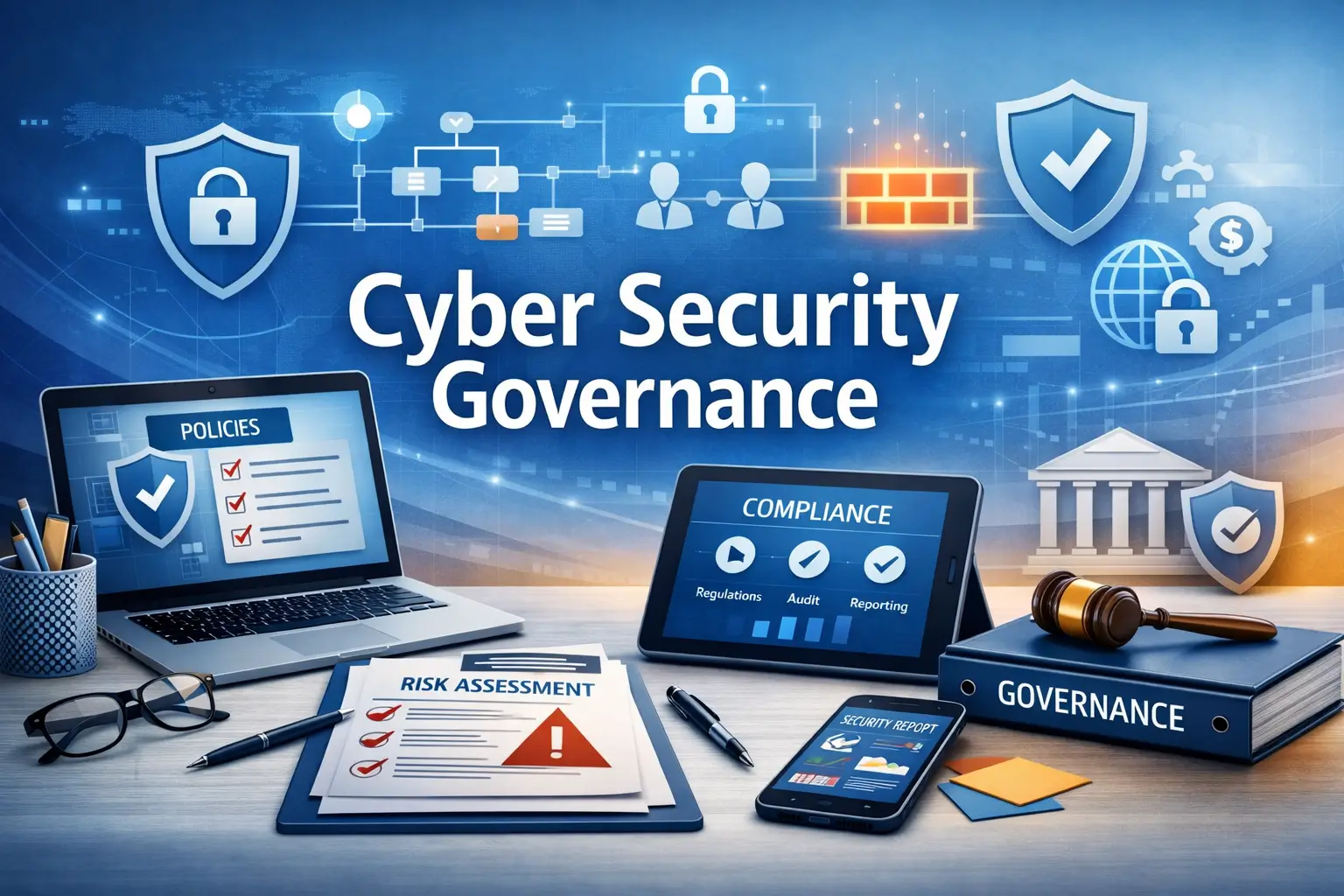 Educational banner for Cyber Security Governance course with compliance visuals