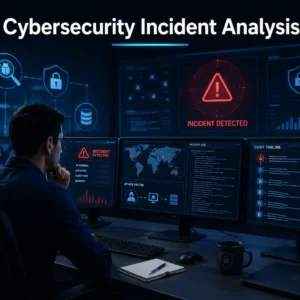 High-quality educational image for Cybersecurity Incident Analysis course showing threat detection and response