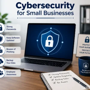 High-quality educational image for Cybersecurity for Small Businesses course showing data protection and secure practices