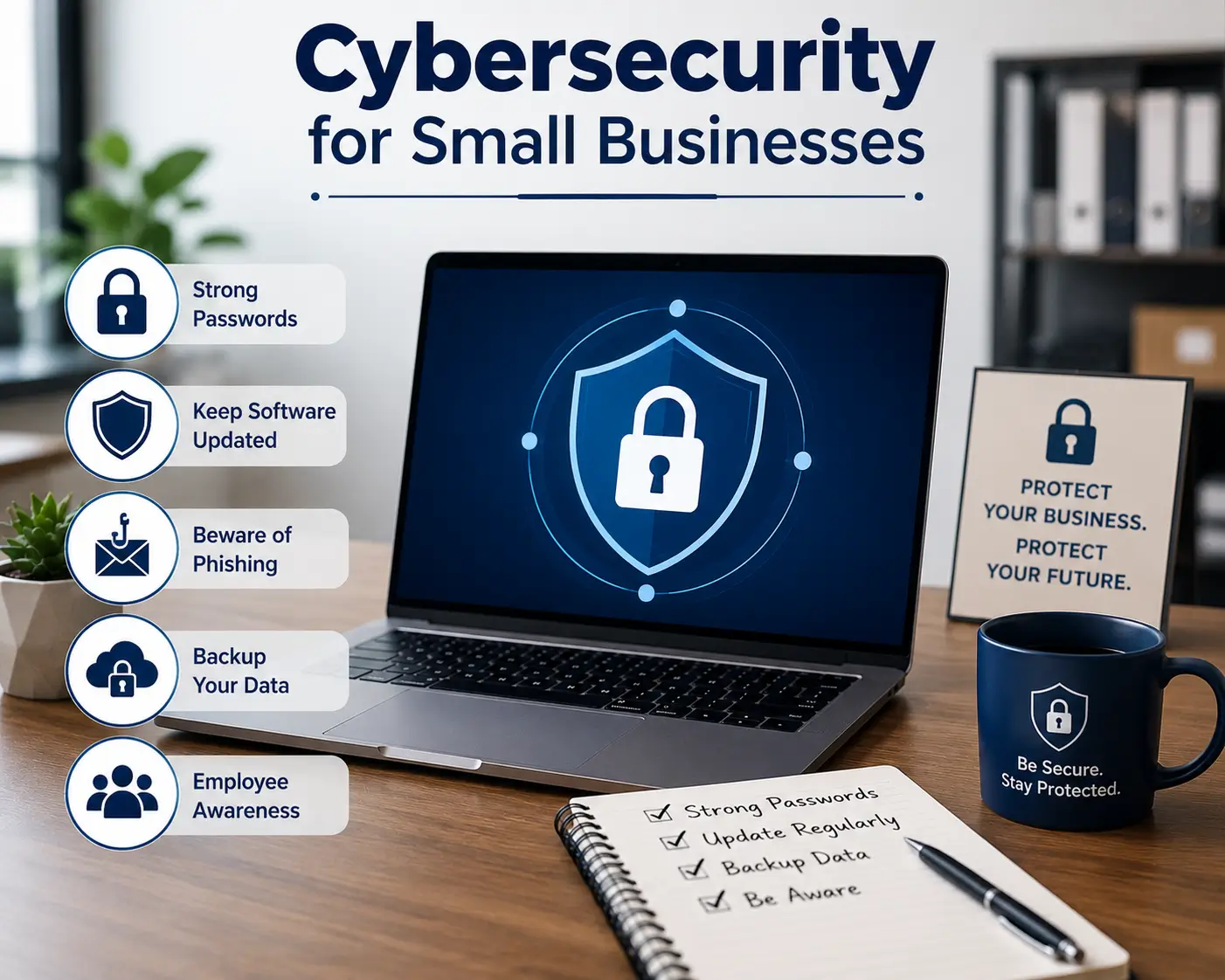 High-quality educational image for Cybersecurity for Small Businesses course showing data protection and secure practices