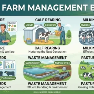 Educational banner for Dairy Farm Management Basics course showing dairy cattle and farm management tools