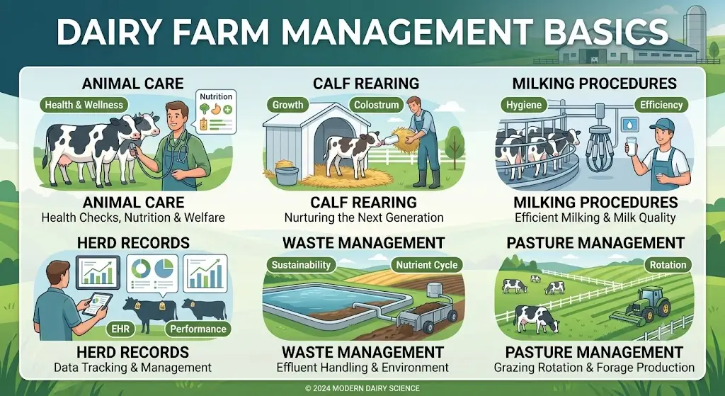 Educational banner for Dairy Farm Management Basics course showing dairy cattle and farm management tools