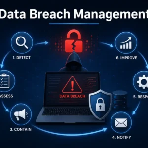 High-quality educational image for Data Breach Management course showing cybersecurity and incident response