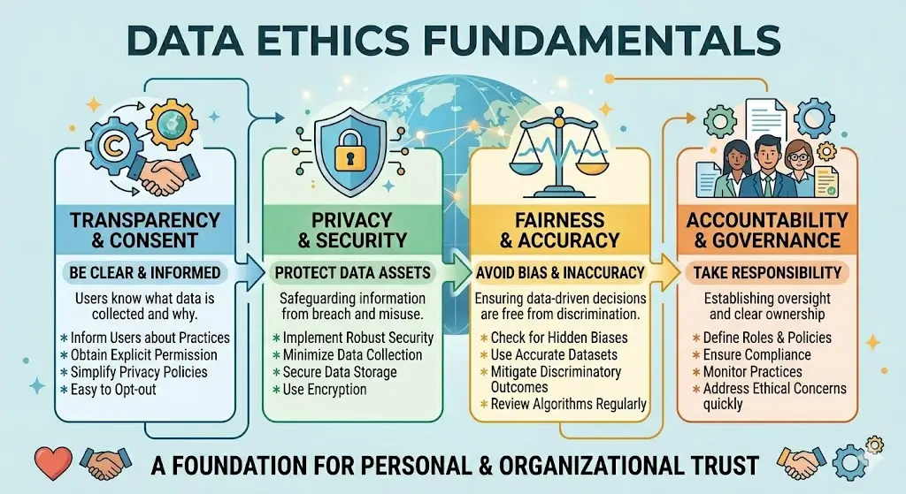 Professional Data Ethics Fundamentals course image with privacy and responsible data use visuals