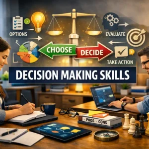 Modern educational banner for Decision Making Skills course showing students and decision-making visuals