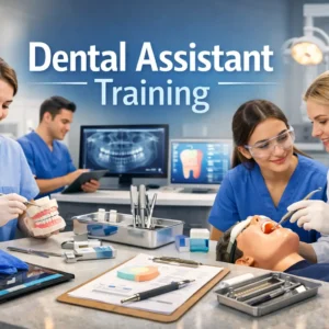 High-quality educational banner showing Dental Assistant Training with dental tools and student practice