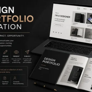 Professional Design Portfolio Creation course image with creative tools and portfolio visuals