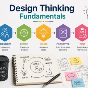 Design Thinking Fundamentals course banner showing learners brainstorming, prototyping, and analyzing solutions