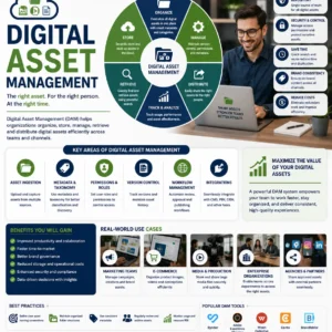 Educational course image for Digital Asset Management with digital storage and organization visuals