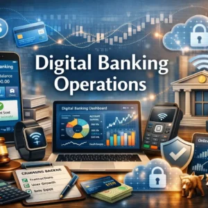 Educational course image for Digital Banking Operations with mobile banking and fintech visuals
