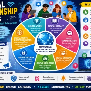 Professional digital citizenship skills course design with online responsibility visuals