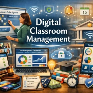 Educational course image for Digital Classroom Management with classroom technology and management visuals