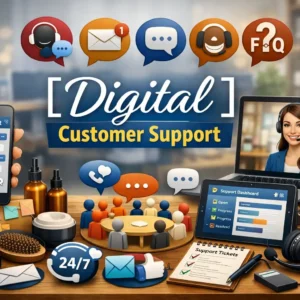 Educational banner for Digital Customer Support course with chat and support visuals