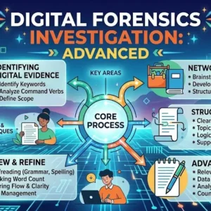Educational banner for Digital Forensics Investigation Advanced course showing forensic tools and cybercrime visuals
