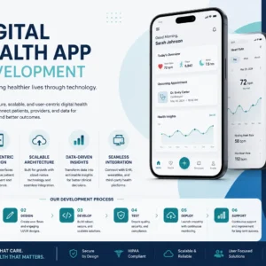 Professional Digital Health App Development course image with healthcare and mobile app visuals