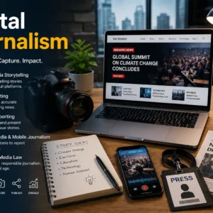 Digital Journalism course image with newsroom, laptop, and social media visuals