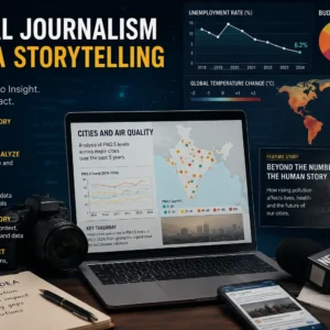 Digital Journalism & Data Storytelling course image with newsroom and data visualization visuals