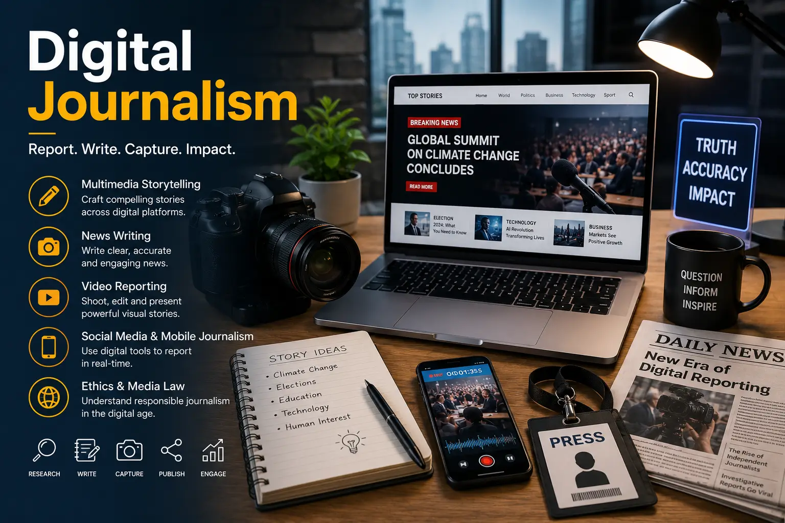 Digital Journalism course image with newsroom, laptop, and social media visuals