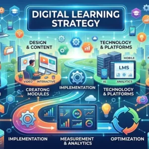 Educational banner showing digital learning strategy with online platforms, educators, and interactive student engagement visuals