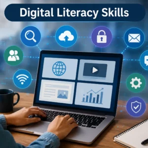 Modern educational course image for Digital Literacy Skills with digital tools and visuals