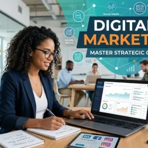 Educational banner for Digital Marketing course with social media and analytics visuals