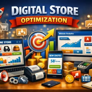 High-quality Digital Store Optimization banner with e-commerce and analytics visuals