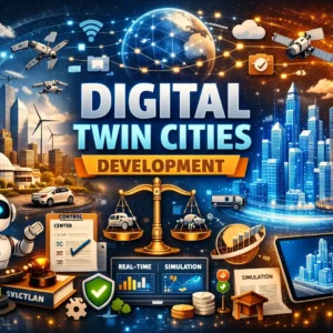 Professional Digital Twin Cities Development course image with smart city and digital simulation visuals
