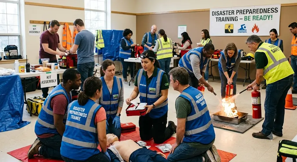 Professional disaster preparedness training course design with emergency and safety visuals