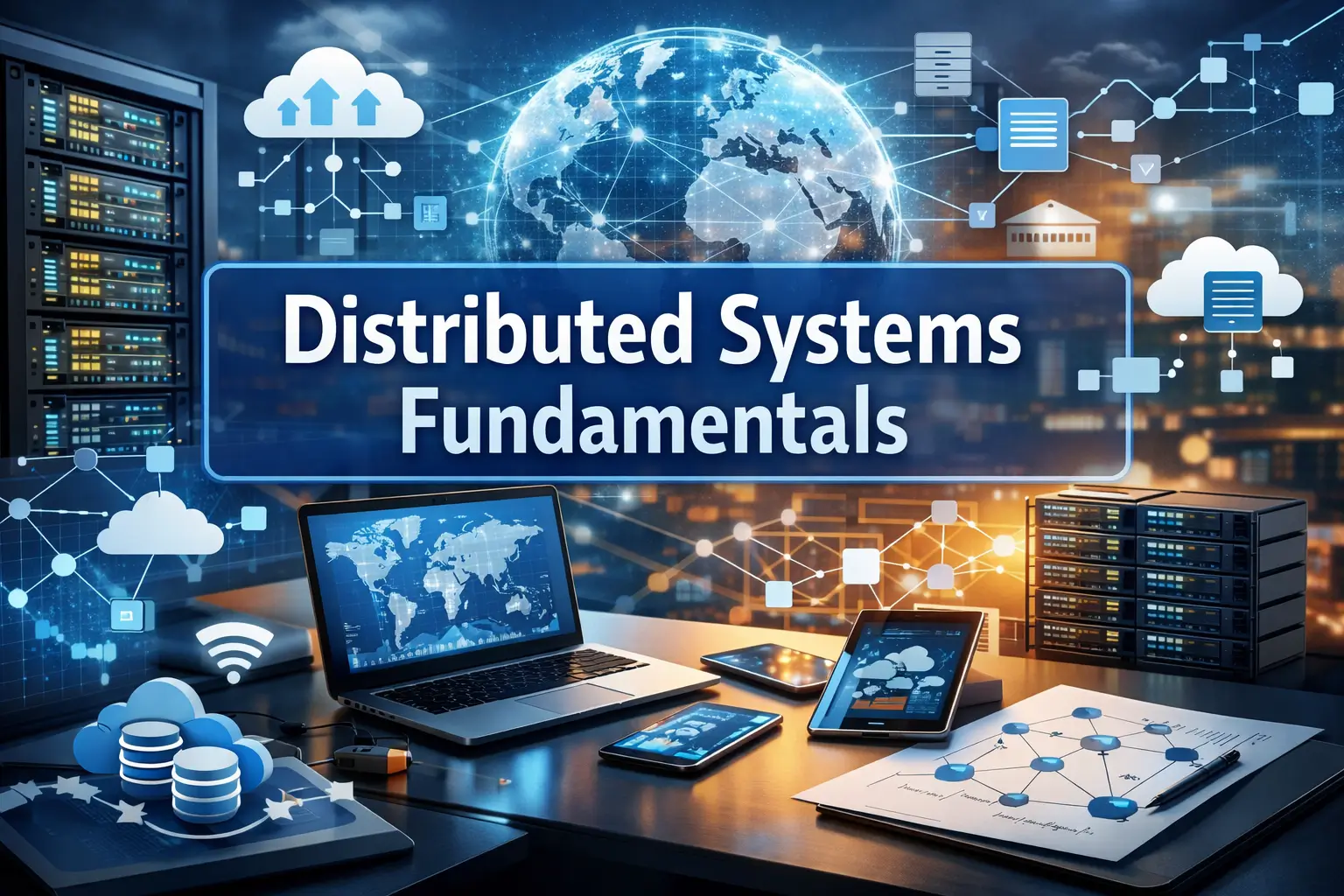 High-quality Distributed Systems Fundamentals course image with servers and network visuals