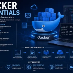 Modern educational banner for Docker Essentials course with container visuals