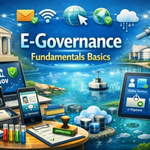 Educational banner for E‑Governance Fundamentals Basics course showing digital governance and online services