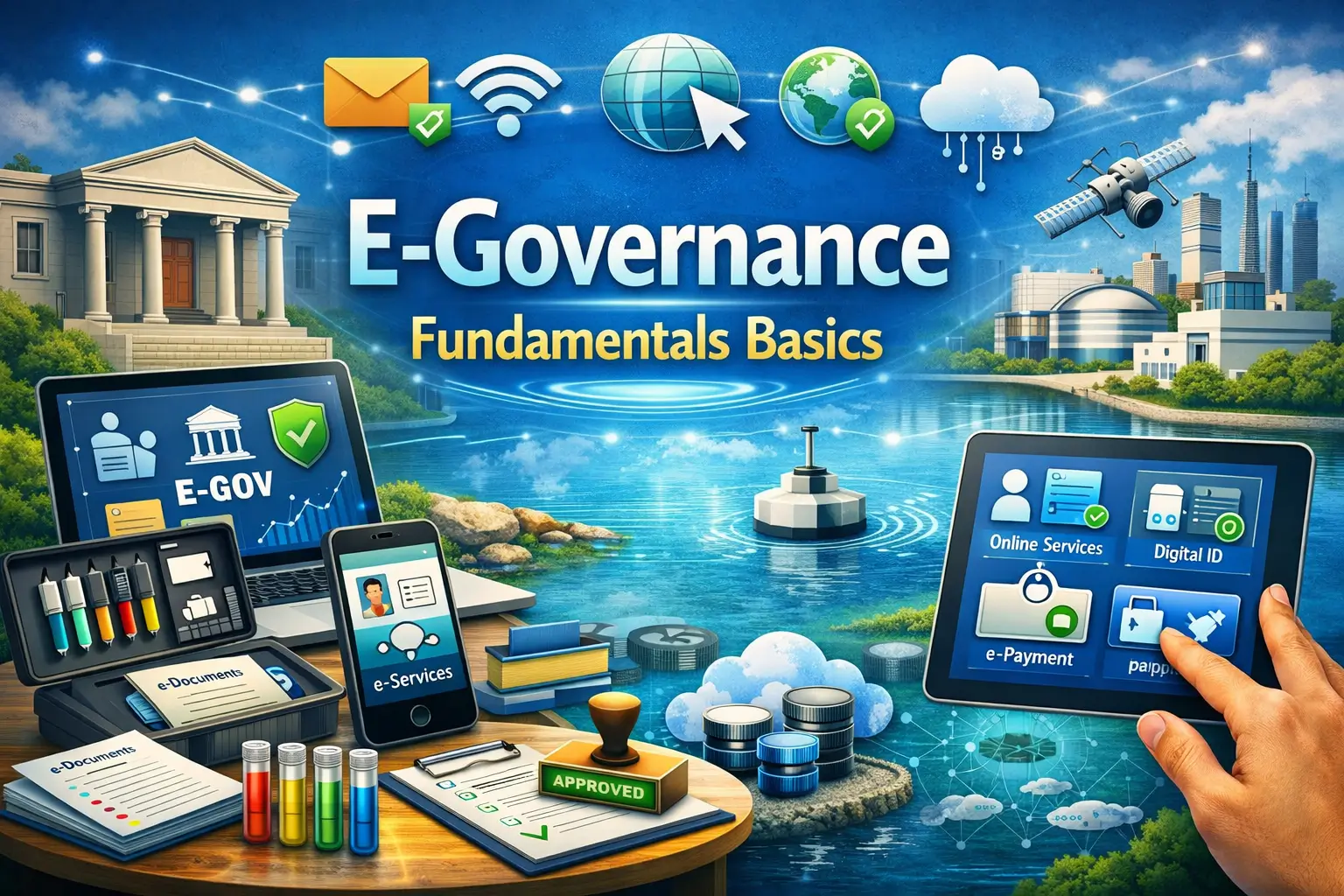 Educational banner for E‑Governance Fundamentals Basics course showing digital governance and online services
