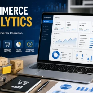 Professional Ecommerce Analytics course image with data charts and online store visuals