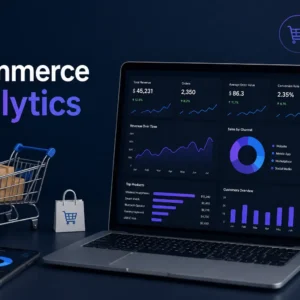 High-quality Ecommerce Analytics banner with data and business visuals