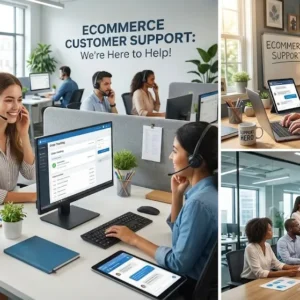 Professional Ecommerce Customer Support course banner showing digital tools and customer service workspace