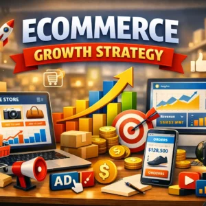 High-quality Ecommerce Growth Strategy banner with online store and analytics visuals
