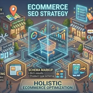 High-quality Ecommerce SEO banner with online store and search optimization visuals